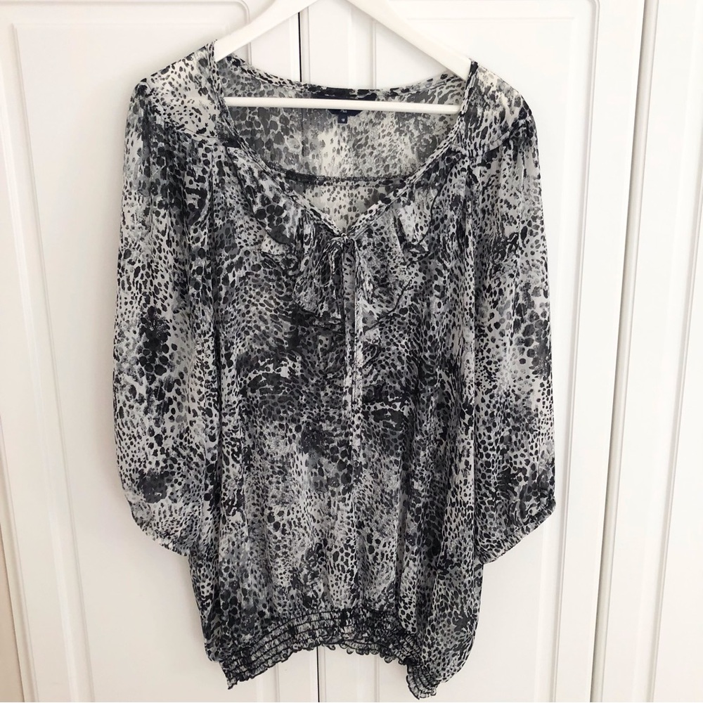 Reitmans 18 Sheer Black and White Animal Print Tie Front Cuffed Sleeve Blouse